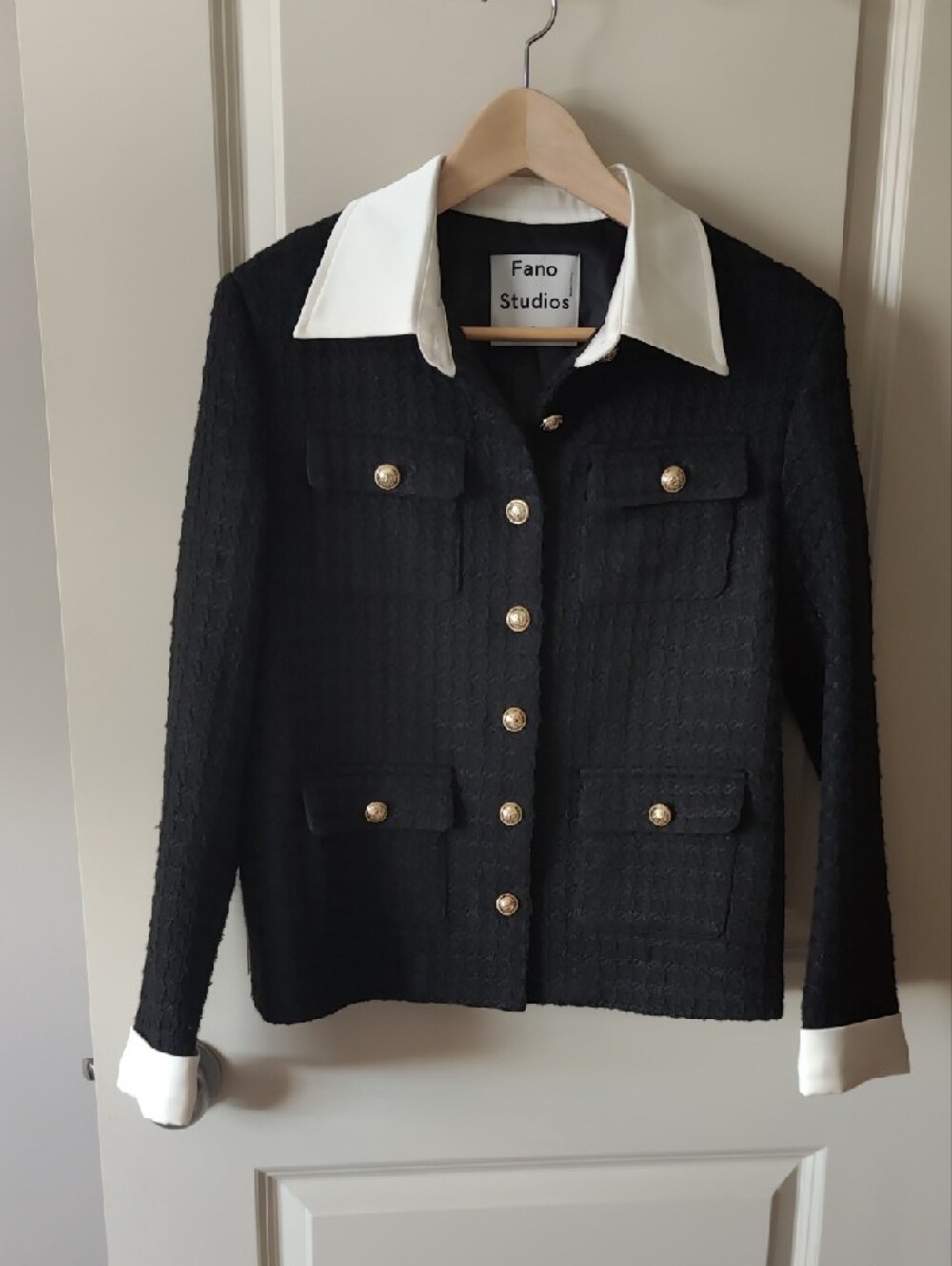Womens Black Tweed Button-Front Jacket with White Trim